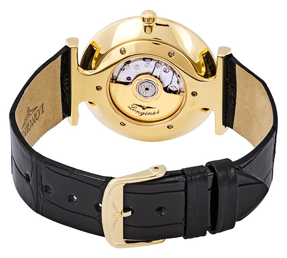 Longines La Grande Classique Automatic Yellow Gold PVD White Dial Black Leather Strap Unisex Watch L4.908.2.11.2