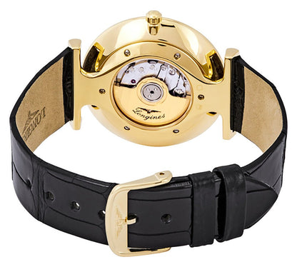 Longines La Grande Classique Automatic Yellow Gold PVD White Dial Black Leather Strap Unisex Watch L4.908.2.11.2
