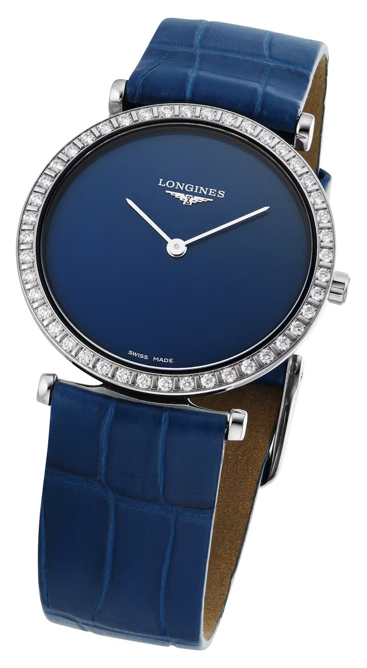 Longines La Grande Classique Monochrome Stainless Steel Blue Dial Blue Leather Strap Diamonds Quartz Womens Watch L4.523.0.90.2
