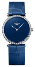 Longines La Grande Classique Monochrome Stainless Steel Blue Dial Blue Leather Strap Diamonds Quartz Womens Watch L4.523.0.90.2
