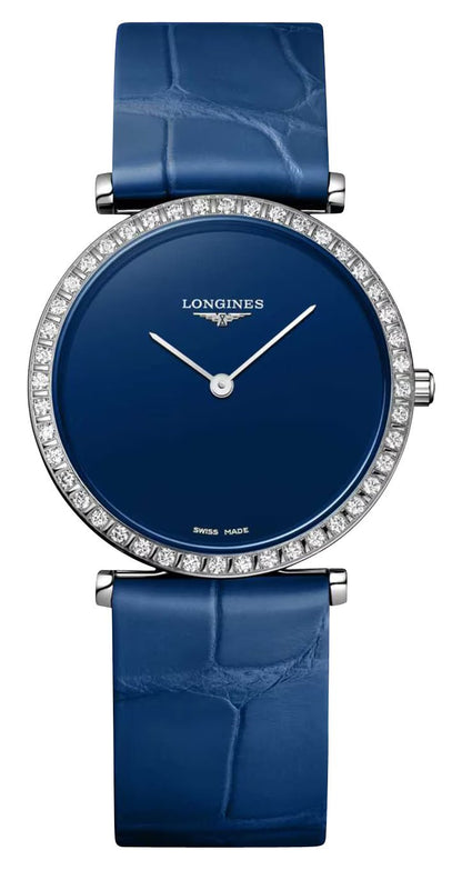 Longines La Grande Classique Monochrome Stainless Steel Blue Dial Blue Leather Strap Diamonds Quartz Womens Watch L4.523.0.90.2