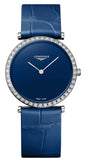 Longines La Grande Classique Monochrome Stainless Steel Blue Dial Blue Leather Strap Diamonds Quartz Womens Watch L4.523.0.90.2