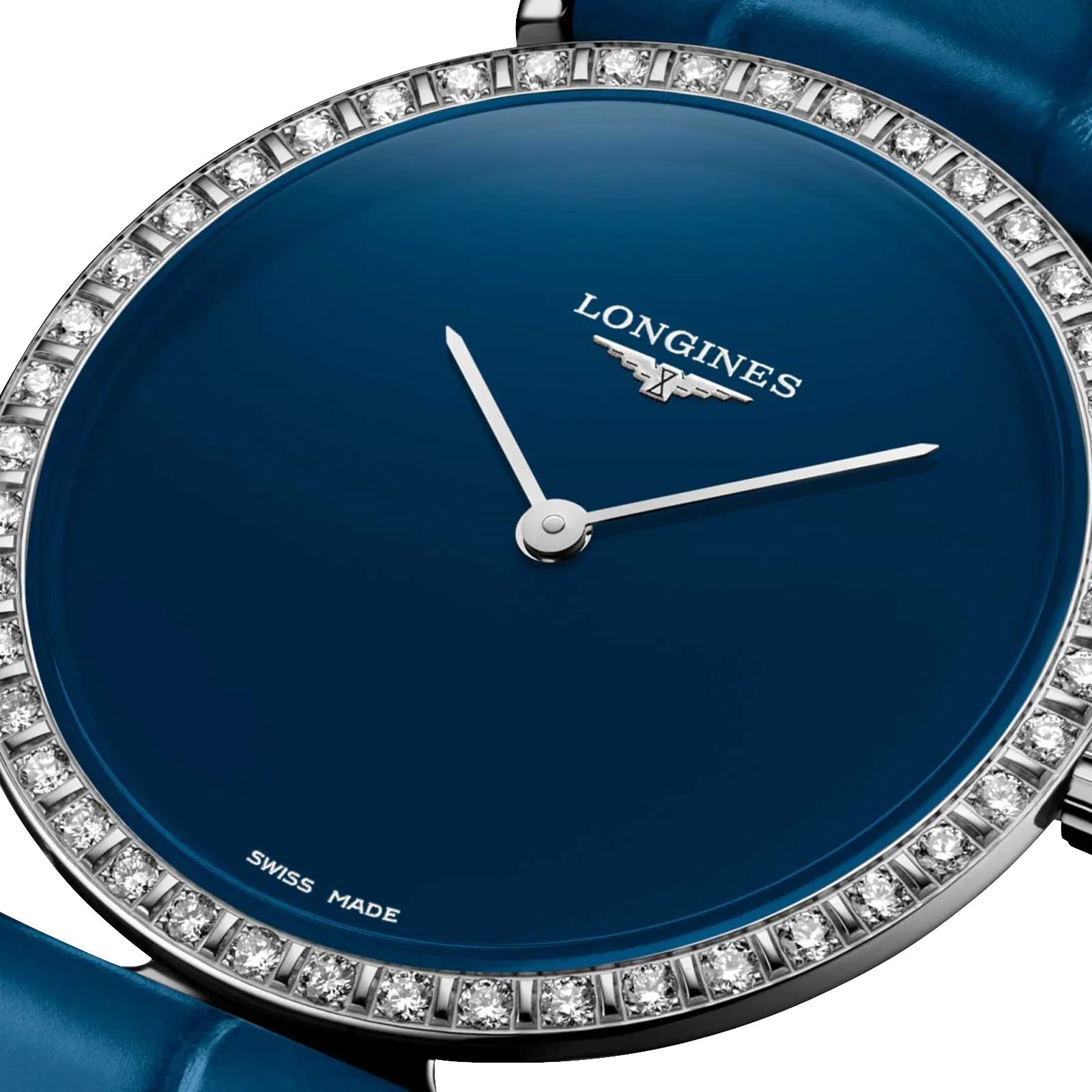 Longines La Grande Classique Monochrome Stainless Steel Blue Dial Blue Leather Strap Diamonds Quartz Womens Watch L4.523.0.90.2