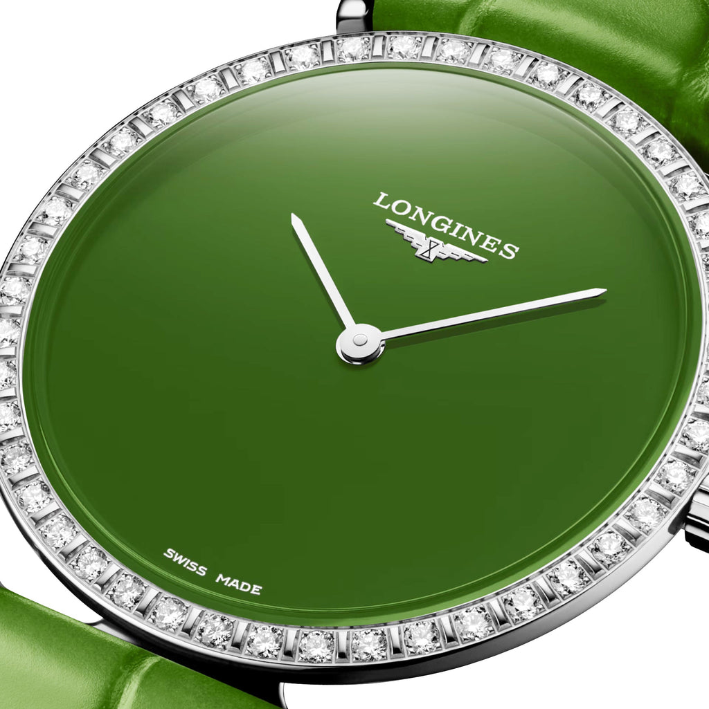 Longines La Grande Classique Monochrome Stainless Steel Green Dial Green Leather Strap Diamonds Quartz Womens Watch L4.523.0.60.2