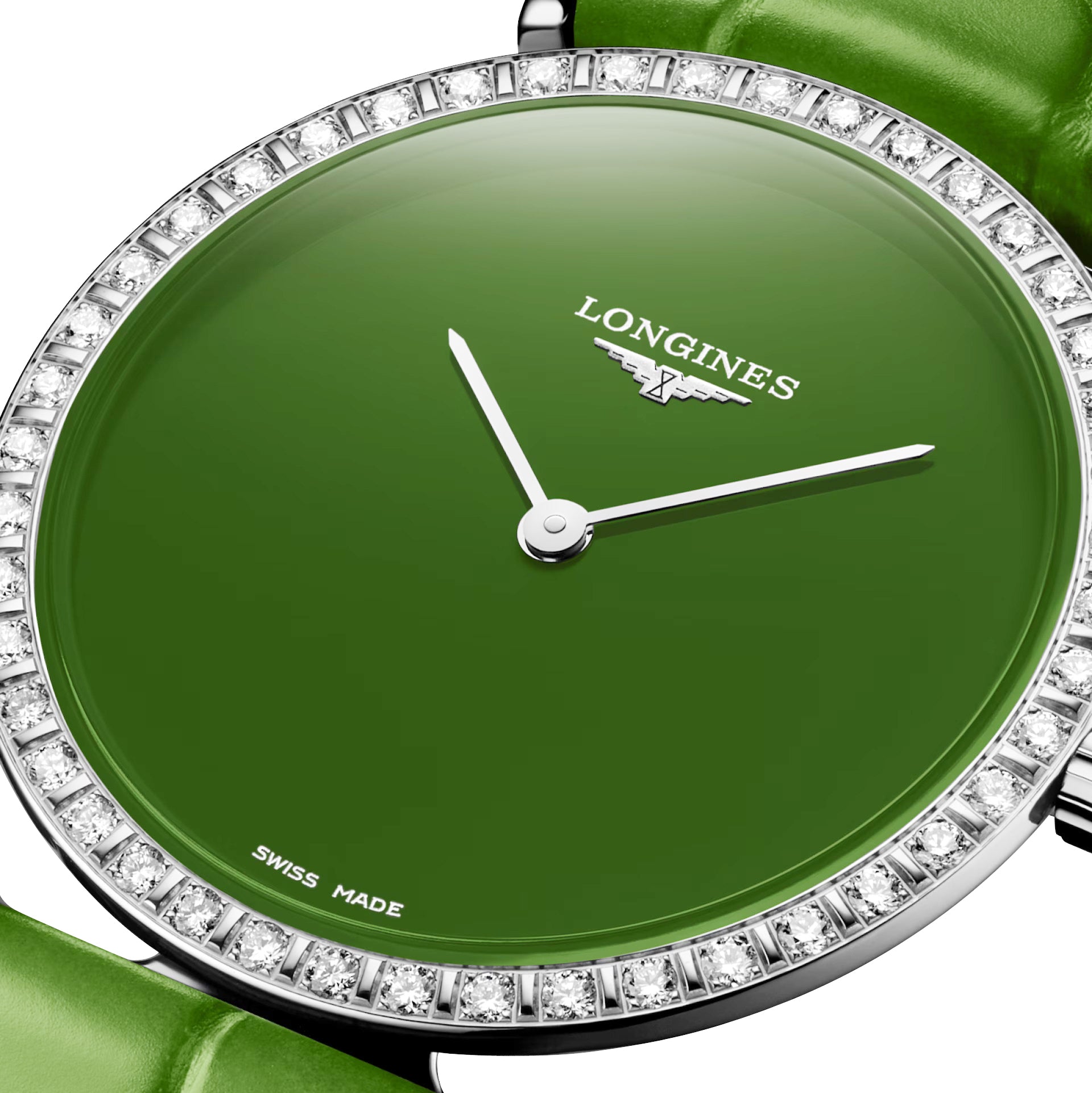 Longines La Grande Classique Monochrome Stainless Steel Green Dial Green Leather Strap Diamonds Quartz Womens Watch L4.523.0.60.2