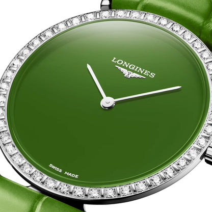 Longines La Grande Classique Monochrome Stainless Steel Green Dial Green Leather Strap Diamonds Quartz Womens Watch L4.523.0.60.2