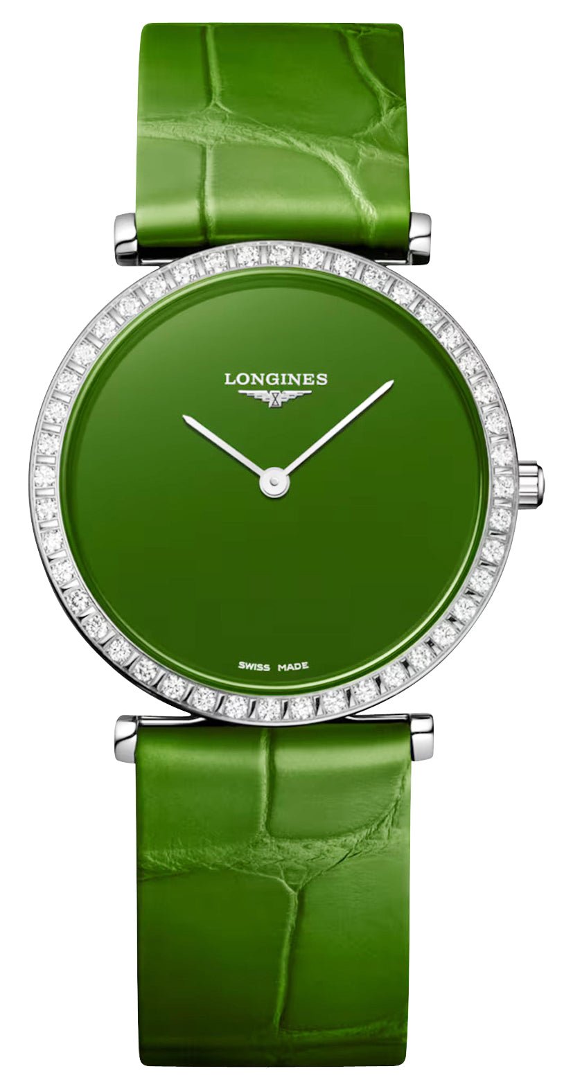 Longines La Grande Classique Monochrome Stainless Steel Green Dial Green Leather Strap Diamonds Quartz Womens Watch L4.523.0.60.2