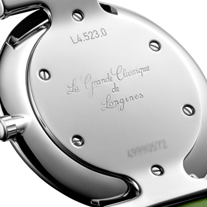 Longines La Grande Classique Monochrome Stainless Steel Green Dial Green Leather Strap Diamonds Quartz Womens Watch L4.523.0.60.2