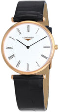 Longines La Grande Classique Rose Gold PVD White Dial Black Leather Strap Quartz Mens Watch L4.709.1.91.2