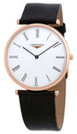 Longines La Grande Classique Rose Gold PVD White Dial Black Leather Strap Quartz Unisex Watch L4.755.1.91.2