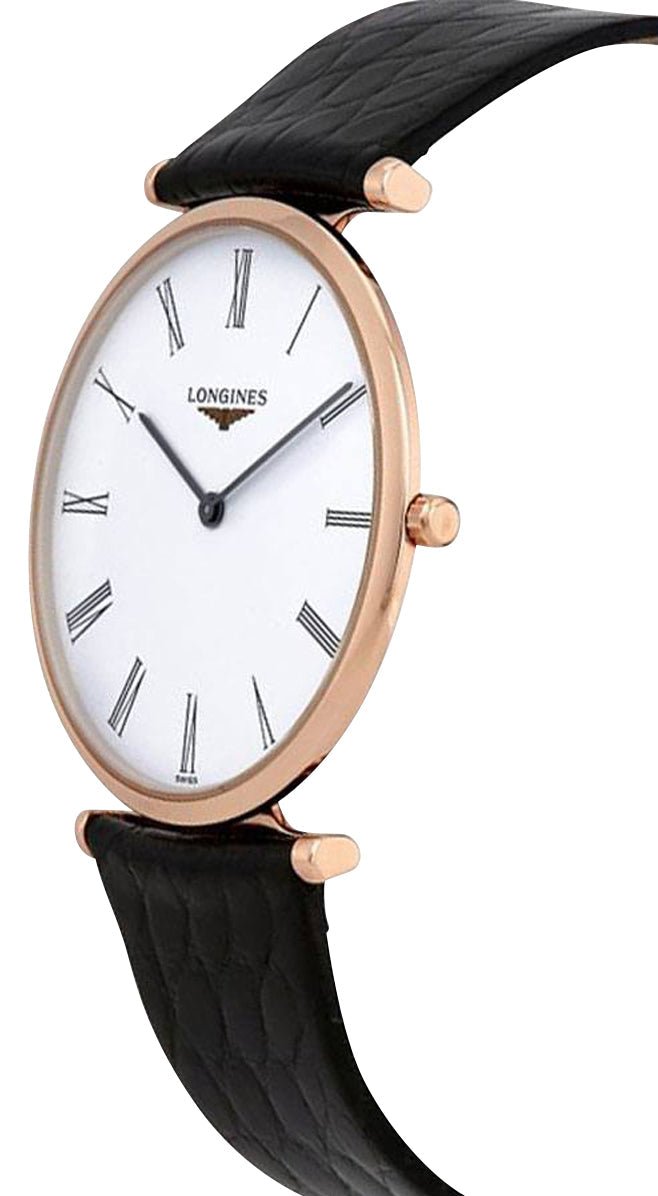 Longines La Grande Classique Rose Gold PVD White Dial Black Leather Strap Quartz Unisex Watch L4.755.1.91.2