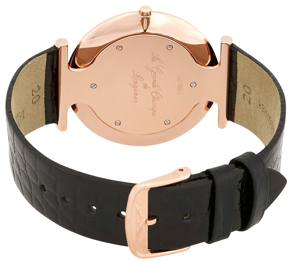Longines La Grande Classique Rose Gold PVD White Dial Black Leather Strap Quartz Unisex Watch L4.755.1.91.2