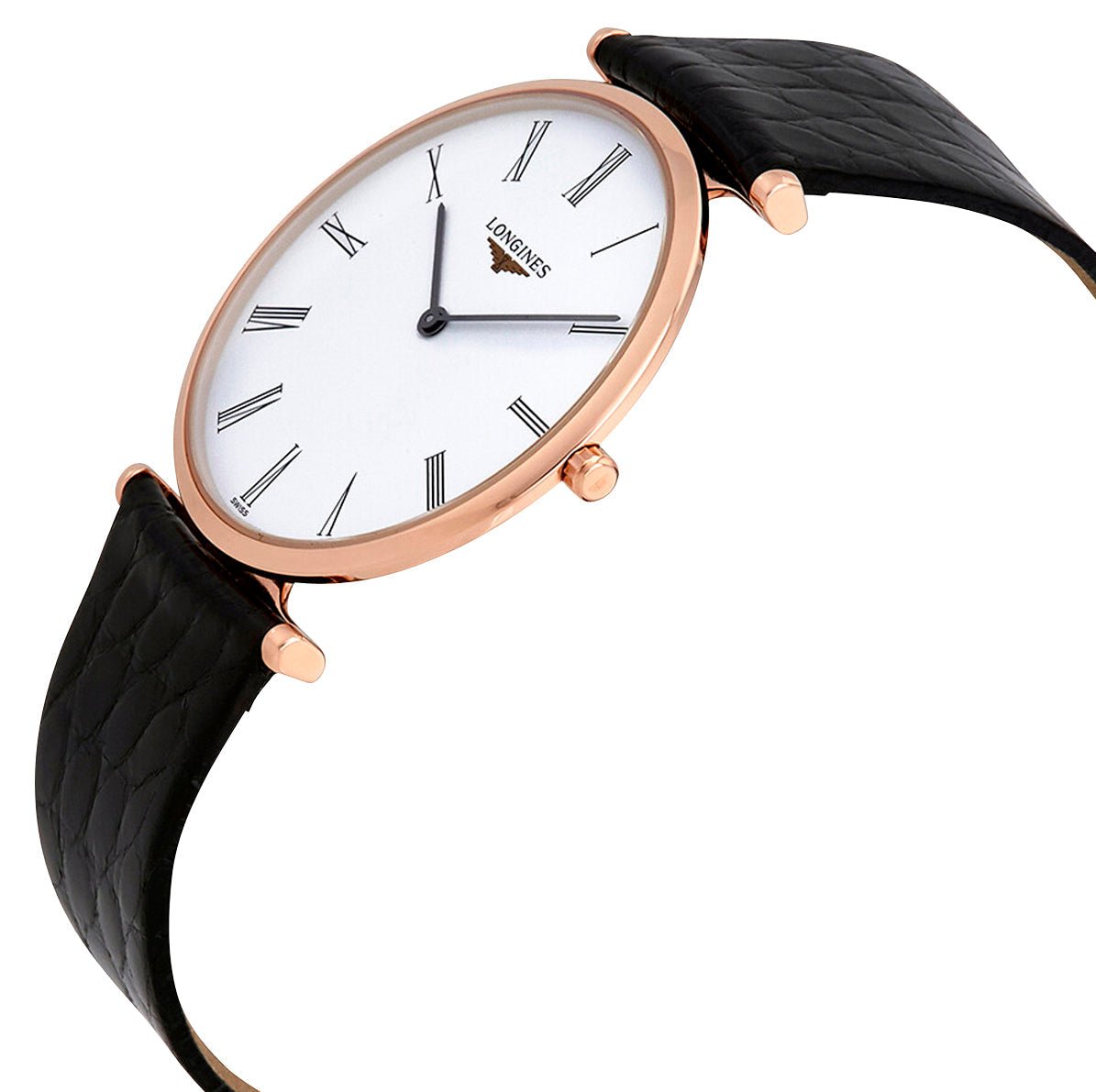 Longines La Grande Classique Rose Gold PVD White Dial Black Leather Strap Quartz Unisex Watch L4.755.1.91.2
