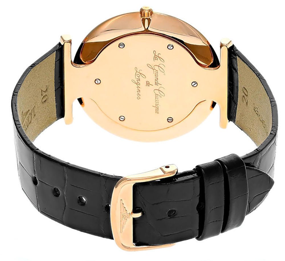 Longines La Grande Classique Rose Gold PVD White Dial Black Leather Strap Quartz Unisex Watch L4.755.1.92.2