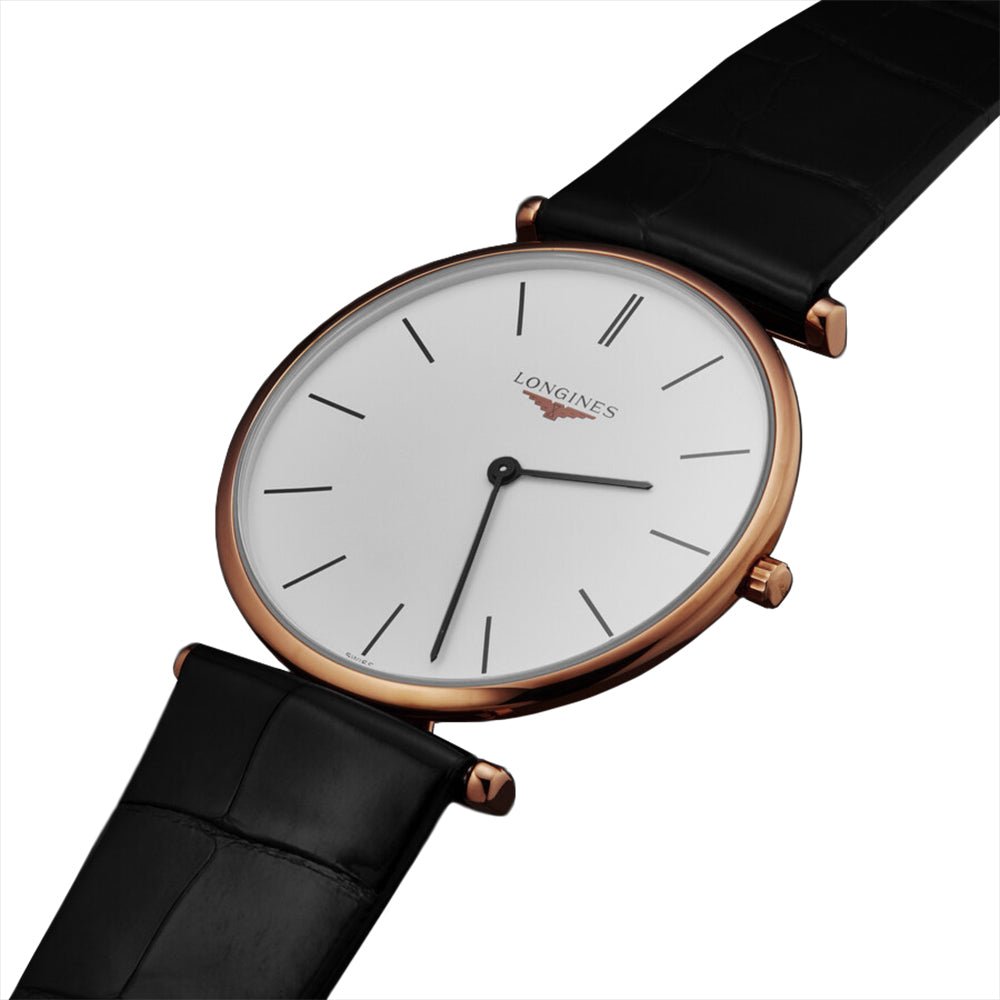 Longines La Grande Classique Rose Gold PVD White Dial Black Leather Strap Quartz Unisex Watch L4.755.1.92.2