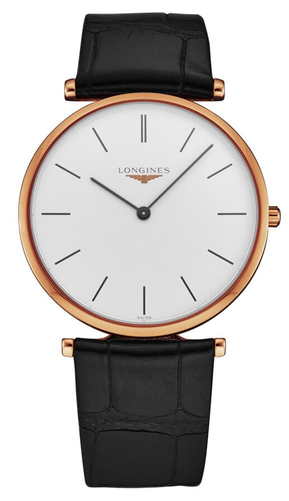 Longines La Grande Classique Rose Gold PVD White Dial Black Leather Strap Quartz Unisex Watch L4.755.1.92.2