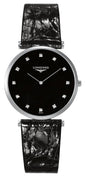 Longines La Grande Classique Stainless Steel Black Dial Black Leather Strap Diamonds Quartz Womens Watch L4.709.4.55.2