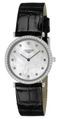 Longines La Grande Classique Stainless Steel Mother-Of-Pearl Dial Black Leather Strap Diamonds Quartz Womens Watch L4.513.0.87.2