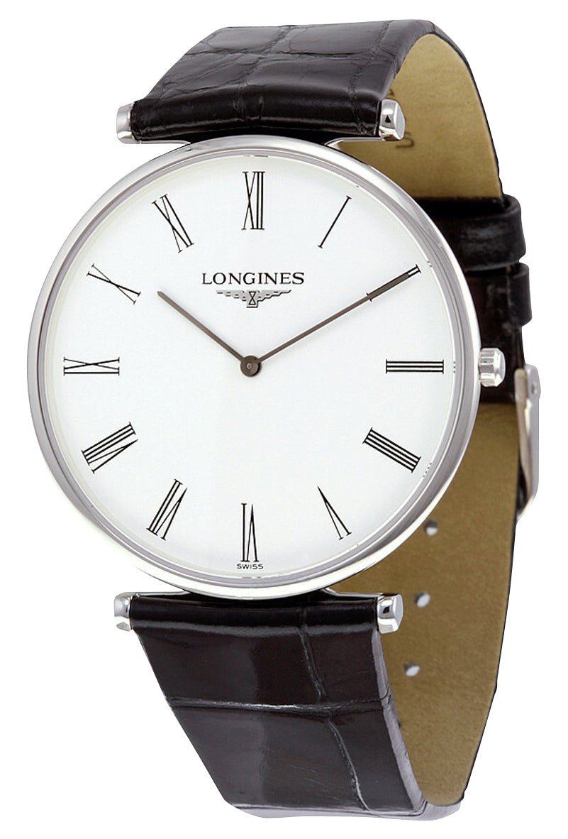 Longines La Grande Classique Stainless Steel White Dial Black Leather Strap Quartz Mens Watch L4.766.4.11.2