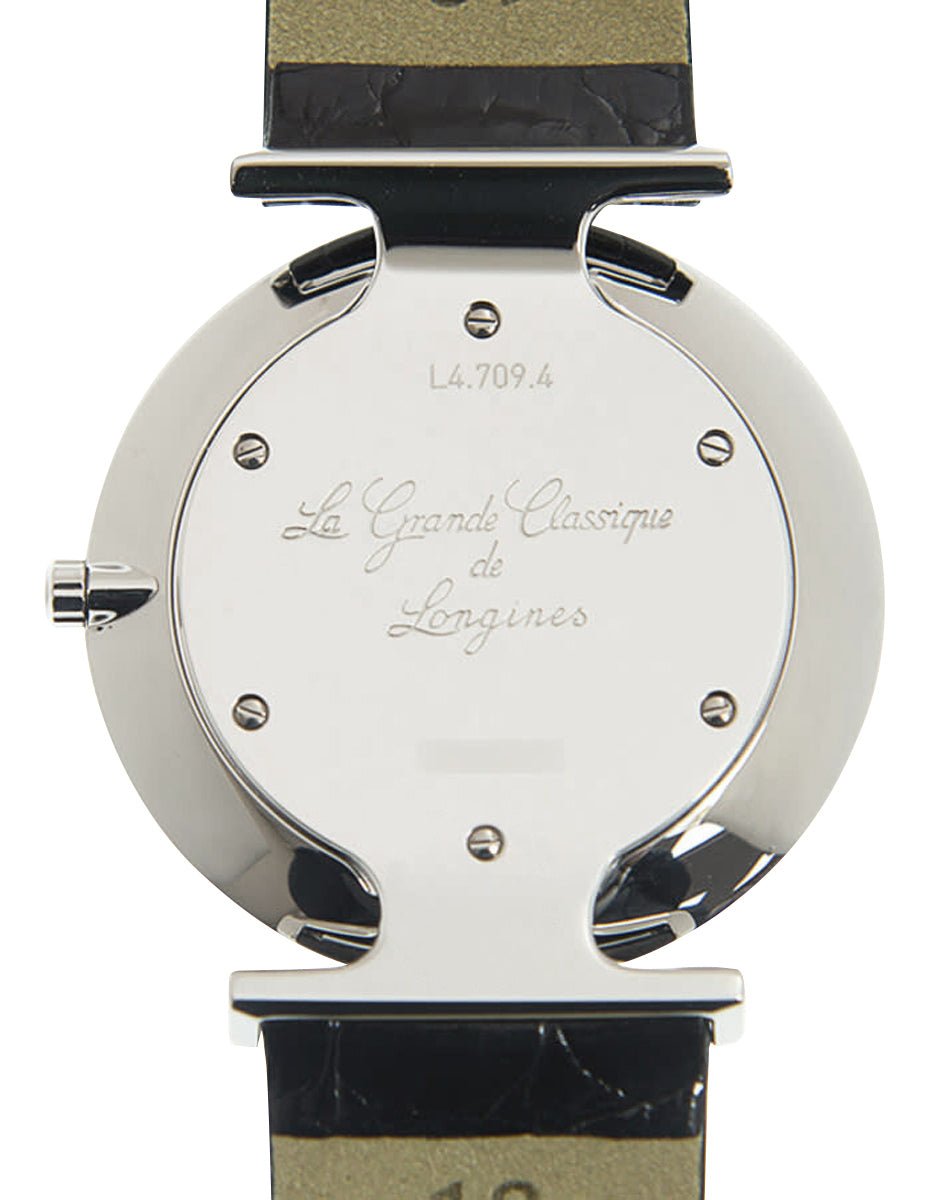 Longines La Grande Classique Stainless Steel White Dial Black Leather Strap Quartz Womens Watch L4.709.4.21.2