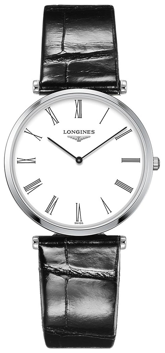 Longines La Grande Classique Stainless Steel White Dial Black Leather Strap Quartz Womens Watch L4.709.4.21.2