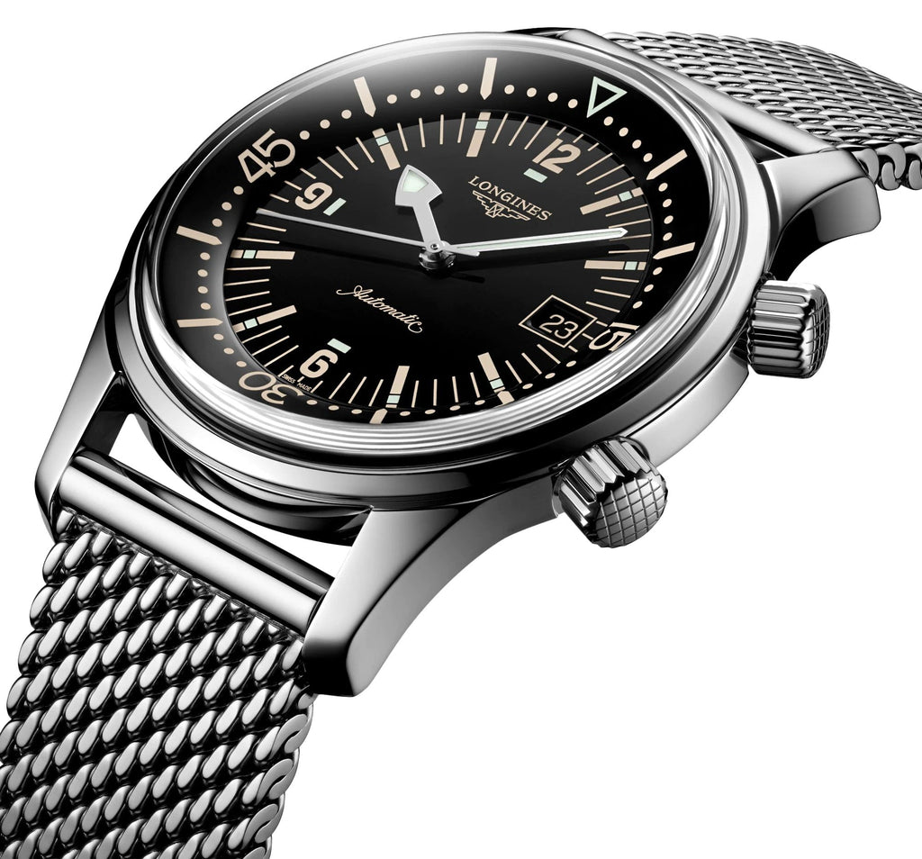 Longines Legend Diver Automatic Mesh Stainless Steel Black Dial Date Mens Watch L3.774.4.50.6