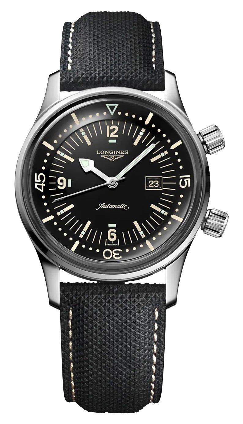 Longines Legend Diver Automatic Stainless Steel Black Dial Black Fabric Strap Date Divers Unisex Watch L3.374.4.50.0