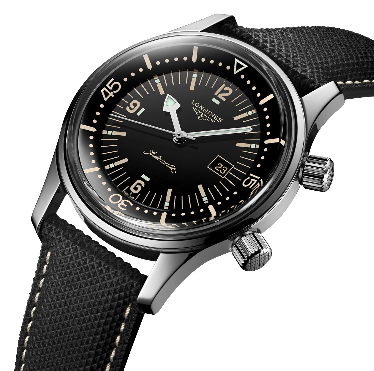 Longines Legend Diver Automatic Stainless Steel Black Dial Black Fabric Strap Date Divers Unisex Watch L3.374.4.50.0