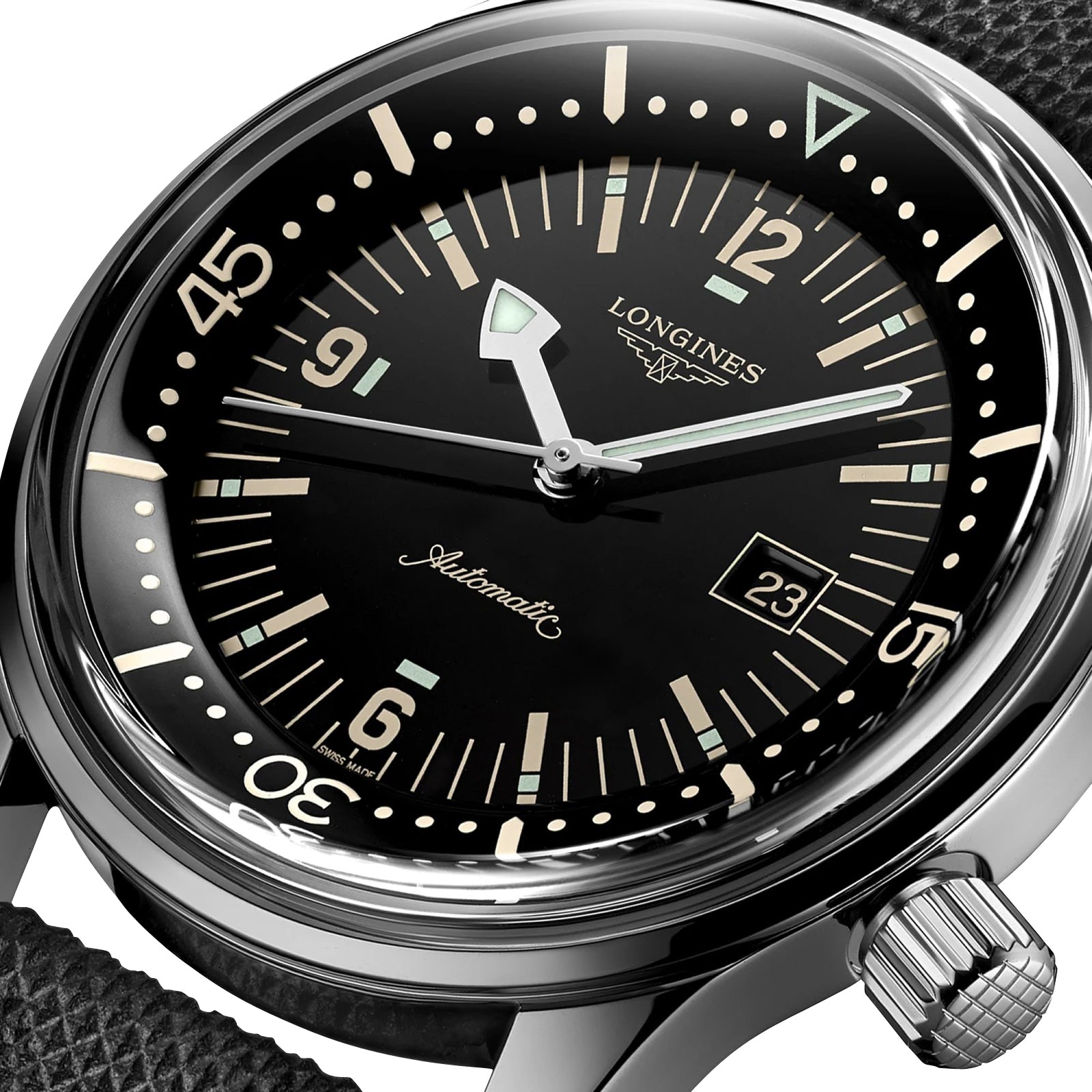 Longines Legend Diver Automatic Stainless Steel Black Dial Black Fabric Strap Date Divers Unisex Watch L3.374.4.50.0