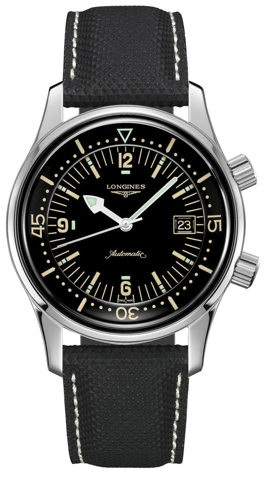 Longines Legend Diver Automatic Stainless Steel Black Dial Black Fabric Strap Date Mens Watch L3.774.4.50.0