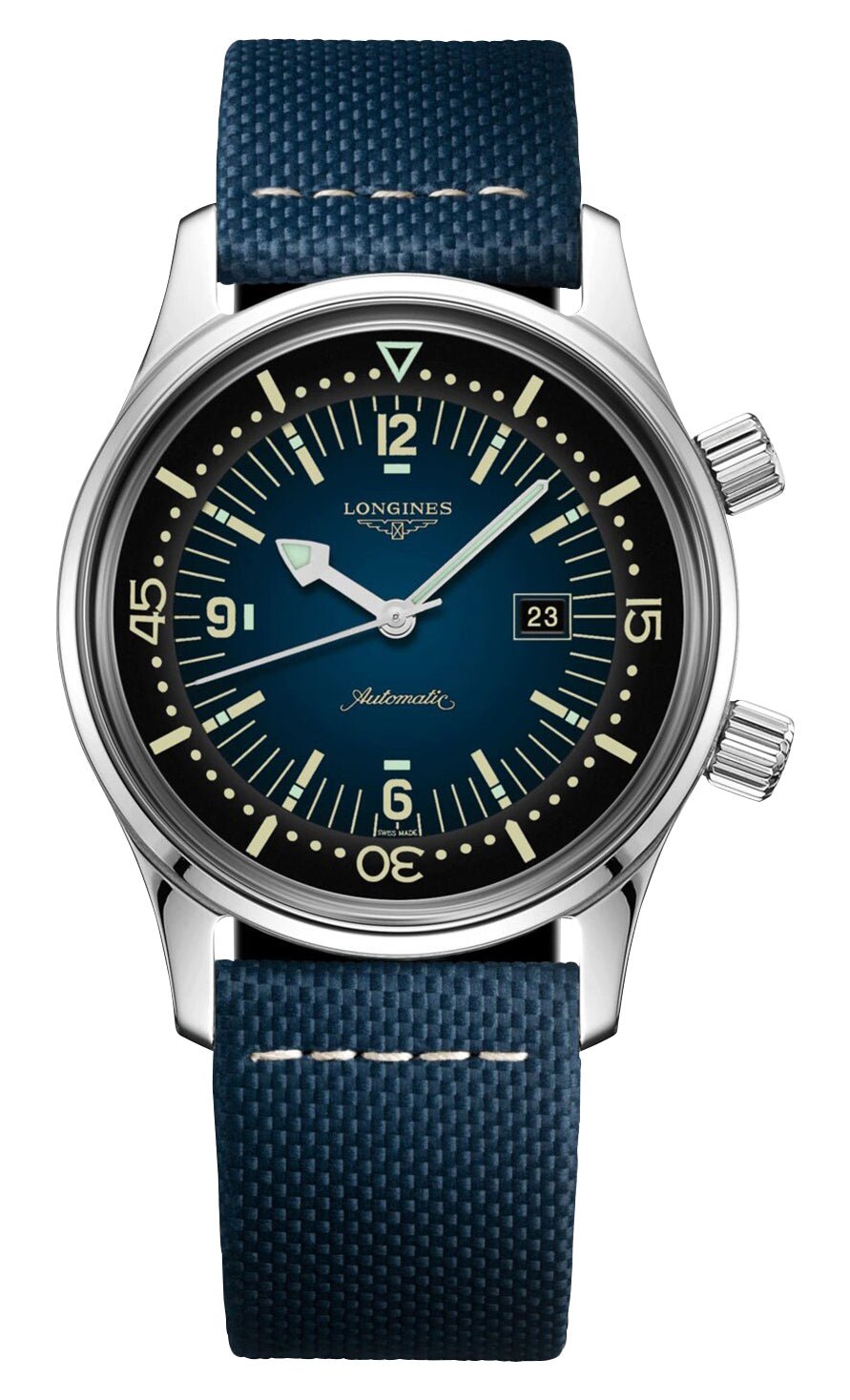 Longines Legend Diver Automatic Stainless Steel Blue Dial Blue Fabric Strap Date Divers Unisex Watch L3.374.4.90.2