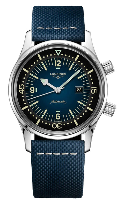 Longines Legend Diver Automatic Stainless Steel Blue Dial Blue Fabric Strap Date Divers Unisex Watch L3.374.4.90.2