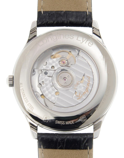Longines Lyre Automatic Stainless Steel White Dial Black Leather Strap Date Mens Watch L4.960.4.11.2