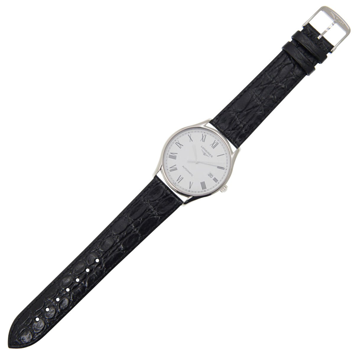 Longines Lyre Automatic Stainless Steel White Dial Black Leather Strap Date Mens Watch L4.960.4.11.2