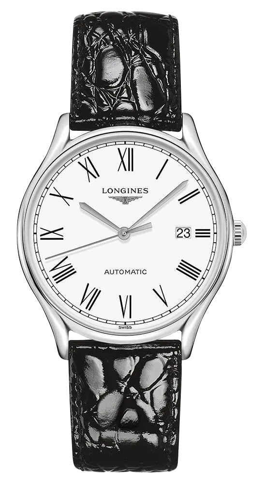Longines Lyre Automatic Stainless Steel White Dial Black Leather Strap Date Mens Watch L4.960.4.11.2