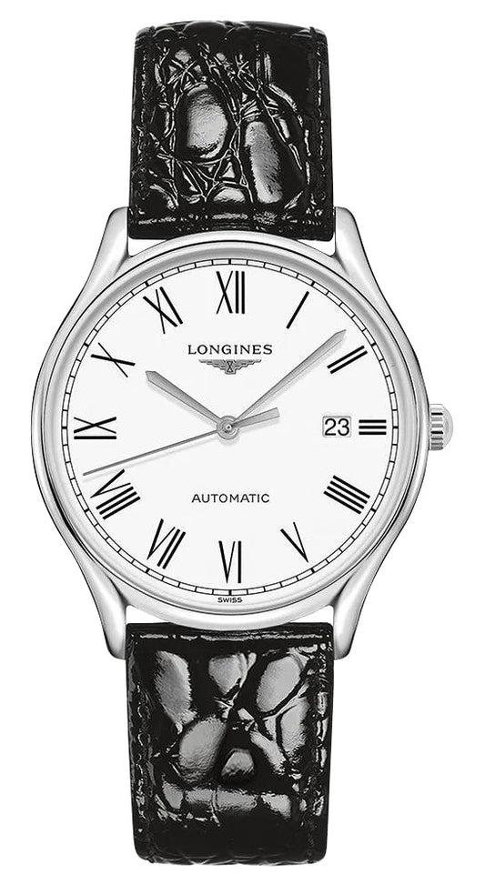 Longines Lyre Automatic Stainless Steel White Dial Black Leather Strap Date Mens Watch L4.960.4.11.2