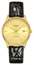 Longines Lyre Automatic Yellow Gold PVD Gold Dial Black Leather Strap Date Mens Watch L4.960.2.32.2