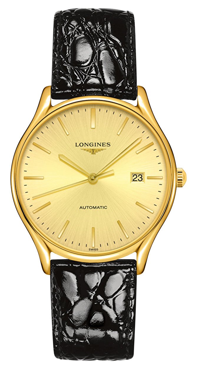 Longines Lyre Automatic Yellow Gold PVD Gold Dial Black Leather Strap Date Mens Watch L4.960.2.32.2