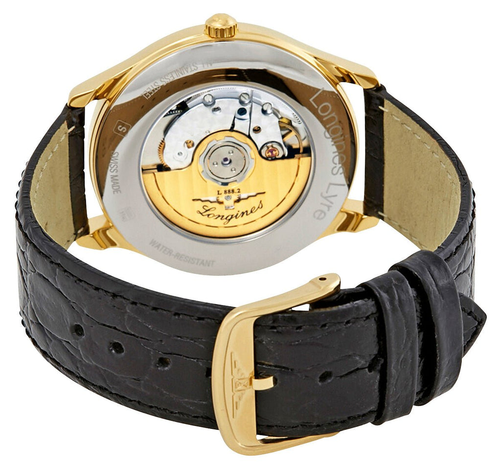 Longines Lyre Automatic Yellow Gold PVD White Dial Black Leather Strap Date Mens Watch L4.960.2.11.2