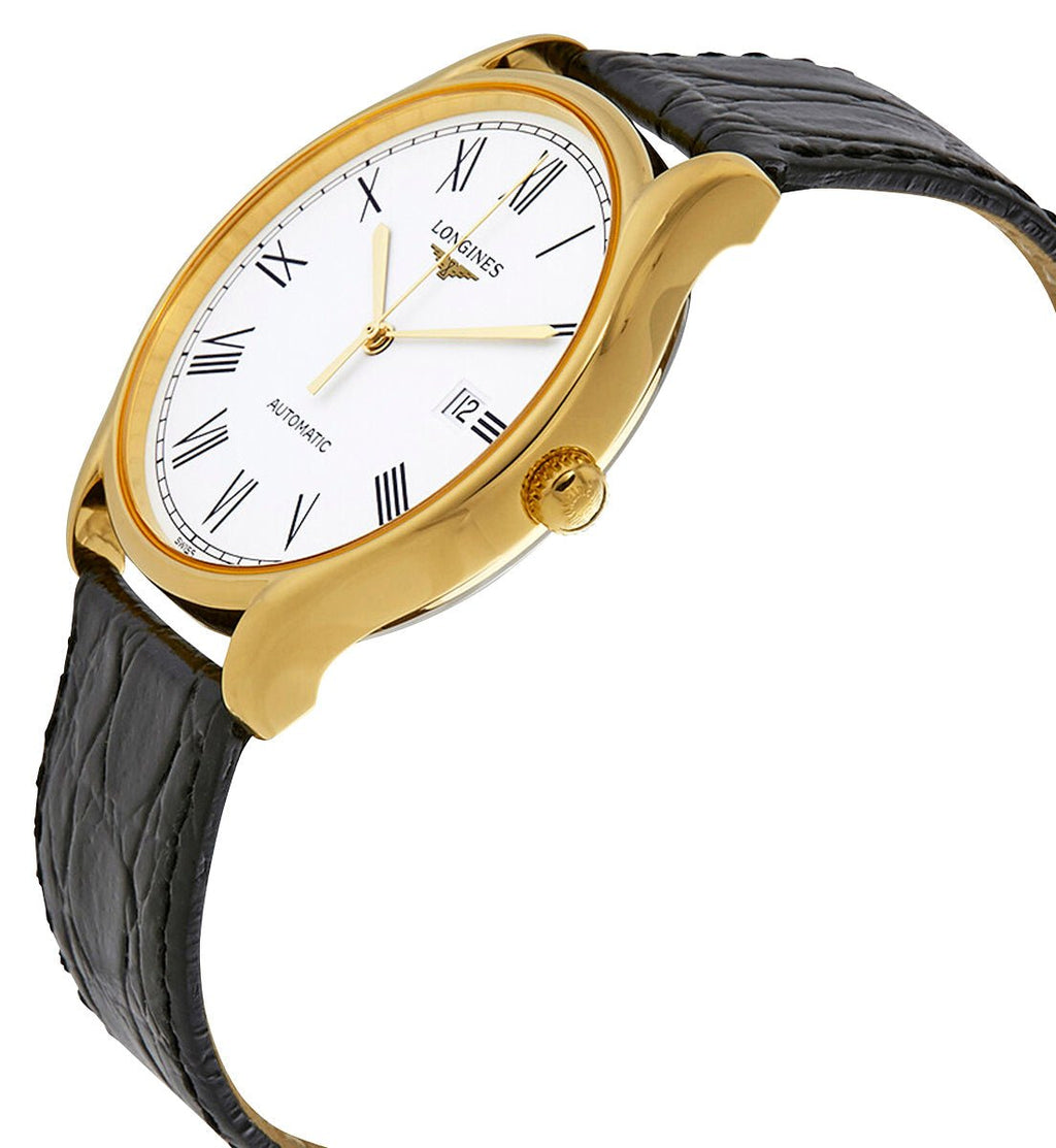 Longines Lyre Automatic Yellow Gold PVD White Dial Black Leather Strap Date Mens Watch L4.960.2.11.2