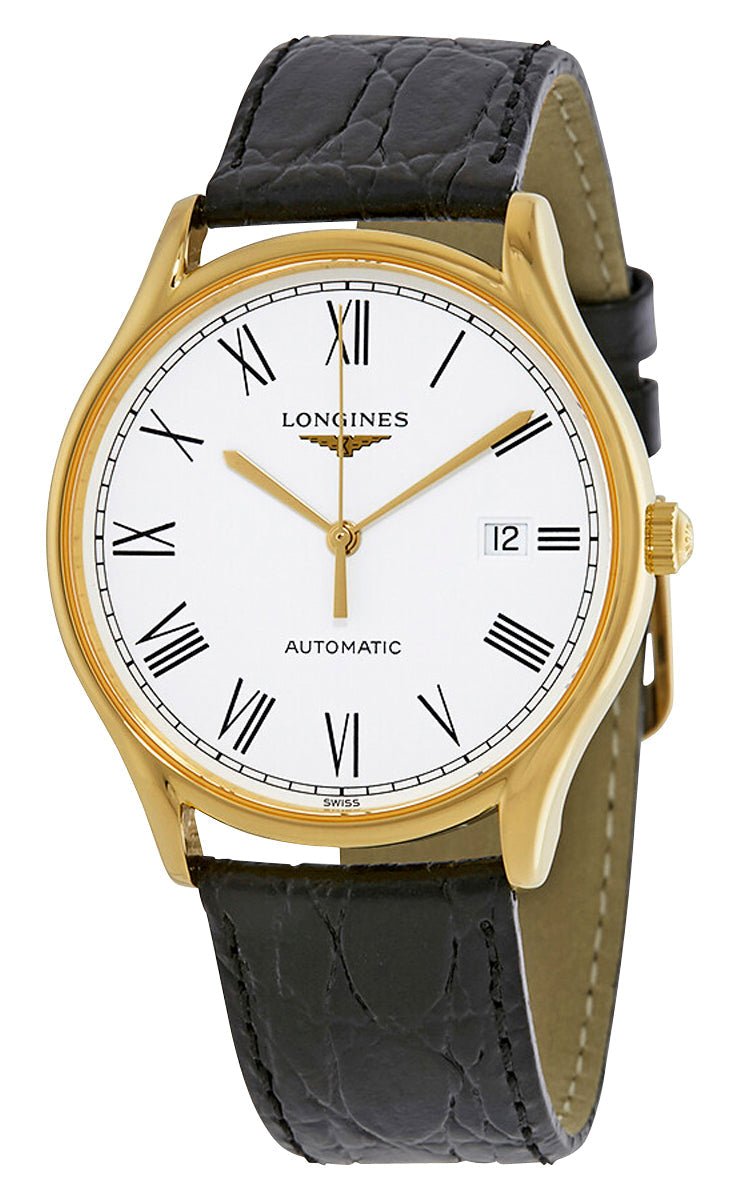 Longines Lyre Automatic Yellow Gold PVD White Dial Black Leather Strap Date Mens Watch L4.960.2.11.2