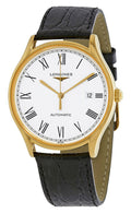 Longines Lyre Automatic Yellow Gold PVD White Dial Black Leather Strap Date Mens Watch L4.960.2.11.2