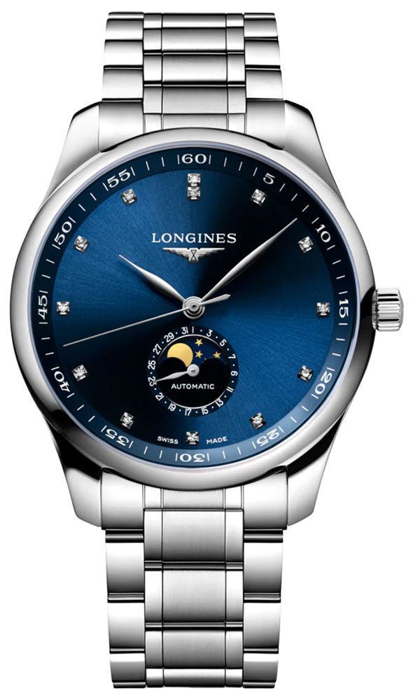 Longines Master Collection Automatic Moonphase Date Blue Dial Diamonds Stainless Steel Men's Watch L2.919.4.97.6