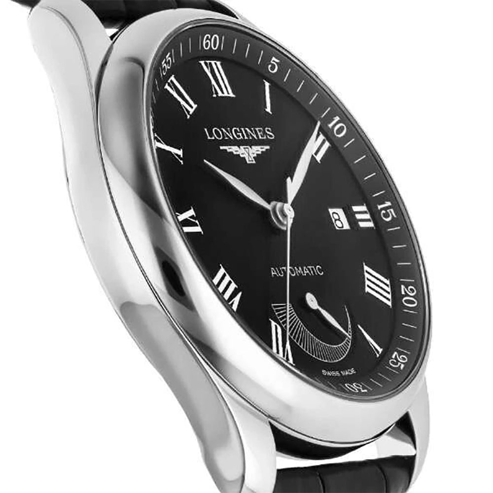 Longines Master Collection Automatic Stainless Steel Black Dial Black Leather Strap Date Power Reserve Mens Watch L2.908.4.51.7