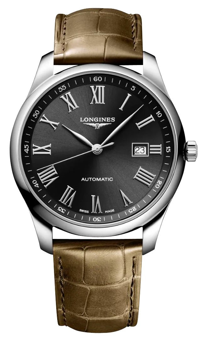 Longines Master Collection Automatic Stainless Steel Black Dial Brown Leather Strap Date Mens Watch L2.893.4.59.2