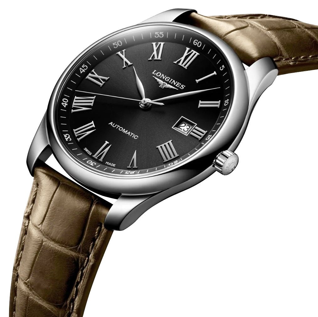 Longines Master Collection Automatic Stainless Steel Black Dial Brown Leather Strap Date Mens Watch L2.893.4.59.2
