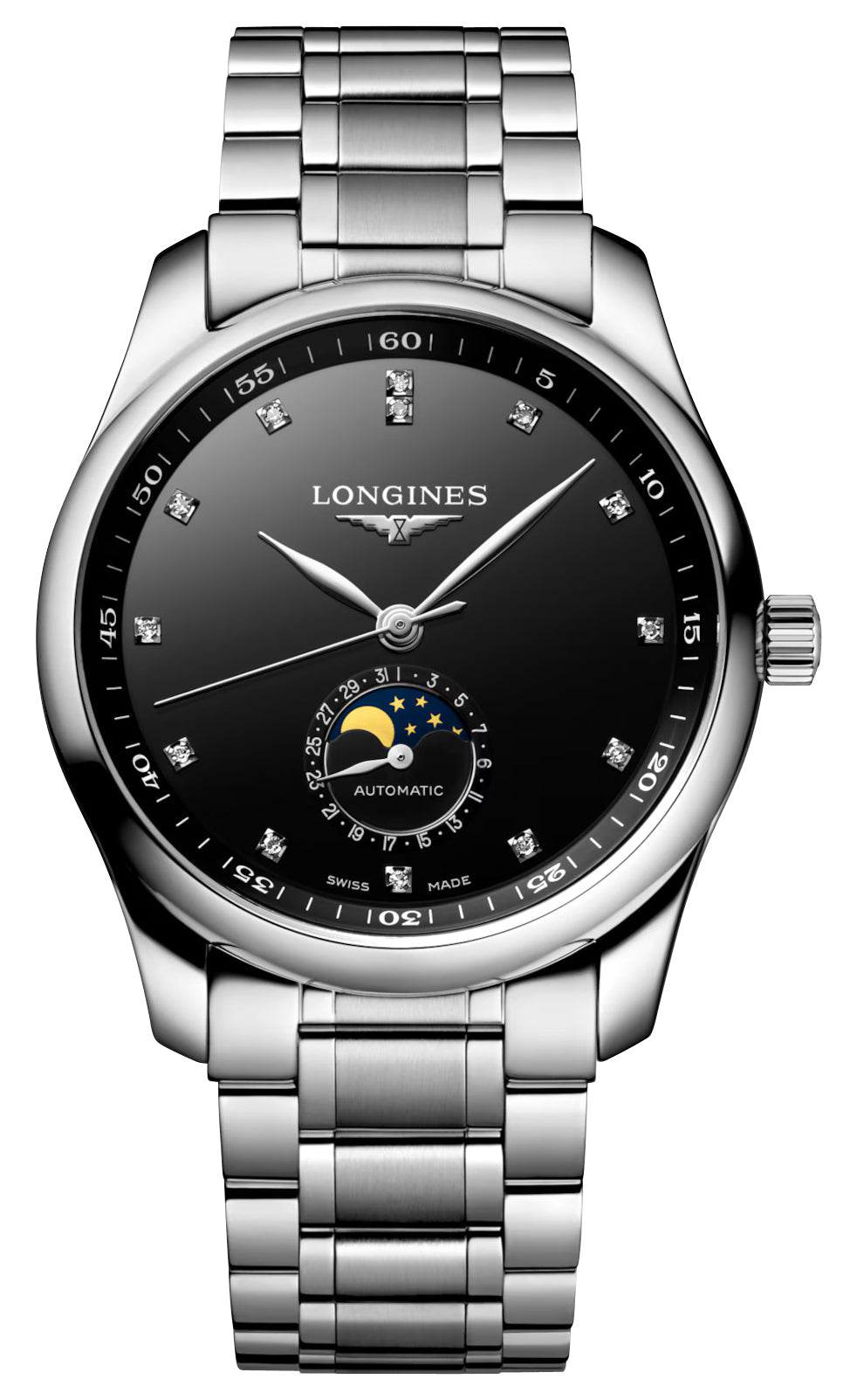 Longines Master Collection Automatic Stainless Steel Black Dial Moonphase Date Diamonds Mens Watch L2.909.4.57.6
