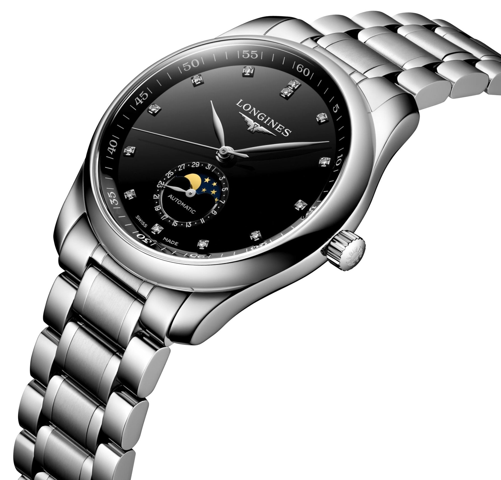 Longines Master Collection Automatic Stainless Steel Black Dial Moonphase Date Diamonds Mens Watch L2.909.4.57.6