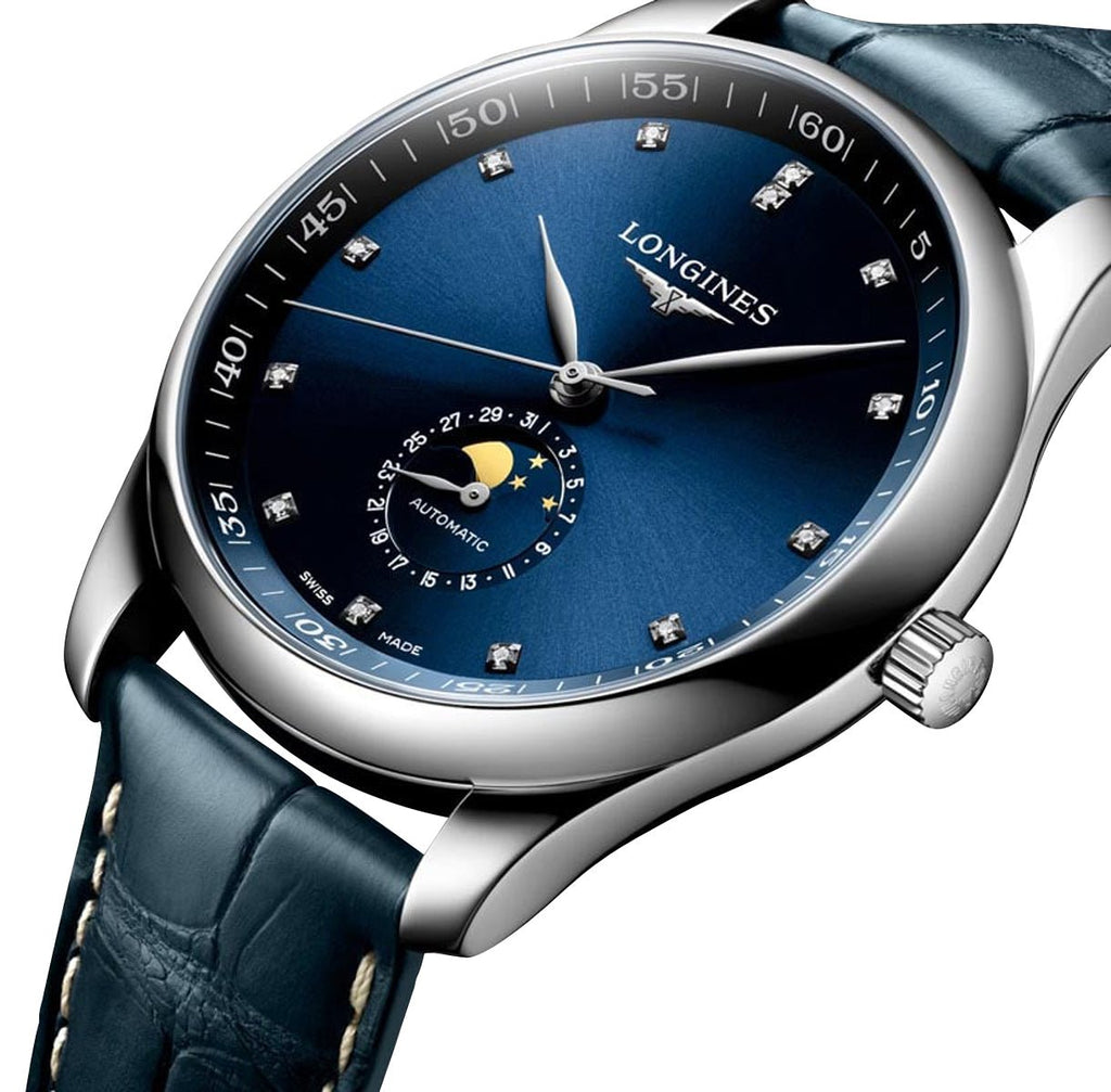 Longines Master Collection Automatic Stainless Steel Blue Dial Blue Leather Strap Diamonds Moonphase Date Mens Watch L2.919.4.97.0