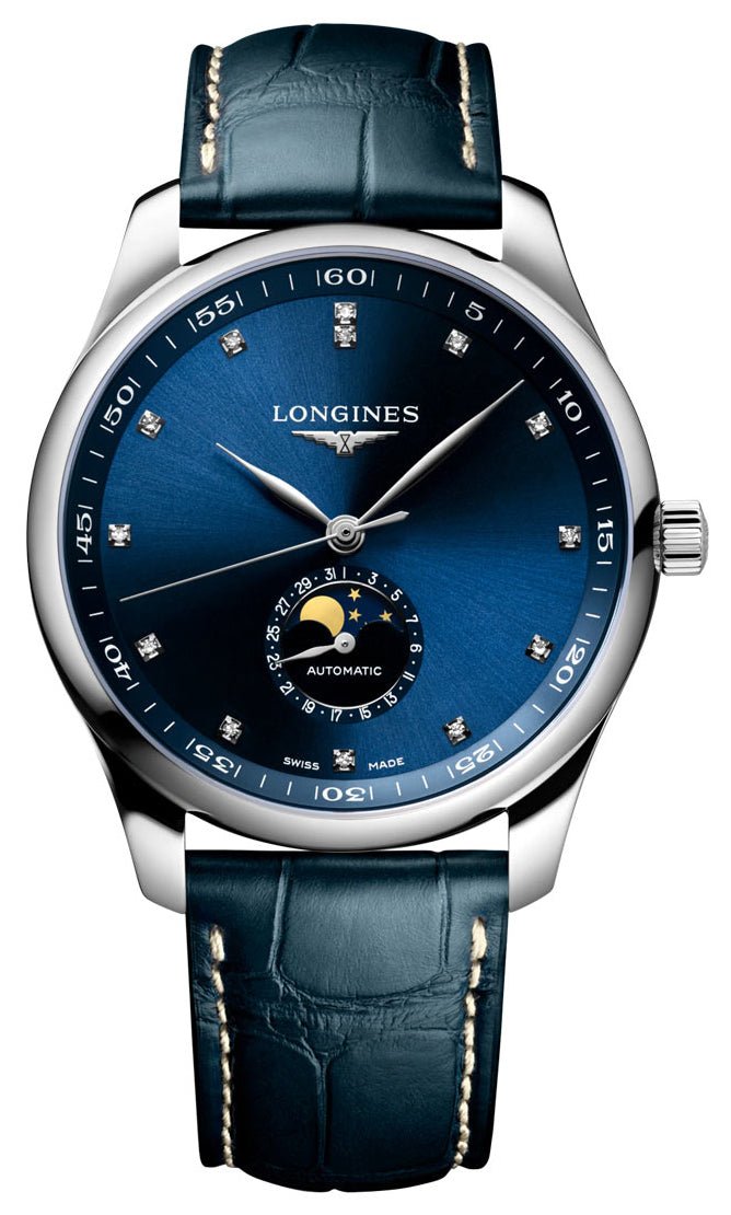 Longines Master Collection Automatic Stainless Steel Blue Dial Blue Leather Strap Diamonds Moonphase Date Mens Watch L2.919.4.97.0